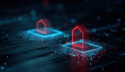 Two glowing houses on a digital circuit board