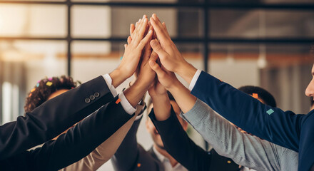 Business team high-fiving in an office celebrating with confetti