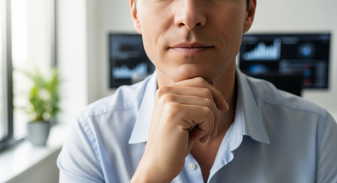 Close-up of a businessman thinking in an office by a window with two monitors displaying data