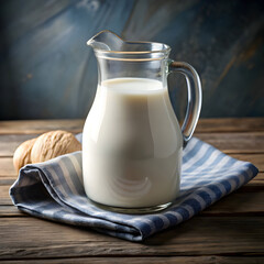 Glass Milk Pitcher on Rustic Wooden Table: Fresh Dairy Product