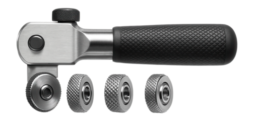 Knurling tool with interchangeable wheels for creating textured patterns on cylindrical surfaces.