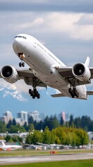 Airplane takes off against a backdrop of mountains and city skyline during daytime with clouds and greenery in the foreground