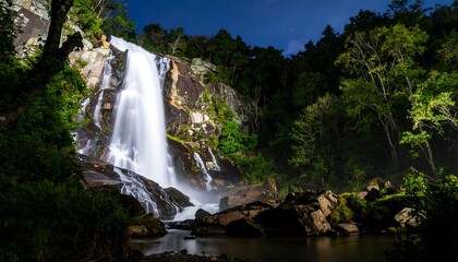 Obraz premium A majestic cascade of water plunges down a rocky cliff face. Lush green foliage frames the scene. 