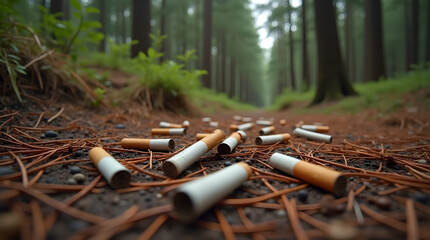 Cigarette butts polluting forest path representing environmental damage