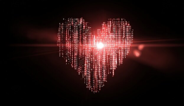 Heart formed from glowing digital code - Powered by Adobe