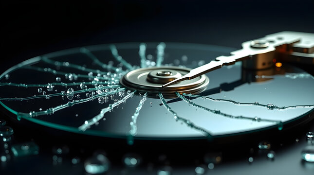 Broken hard disk drive with water damage: close-up view displaying data loss