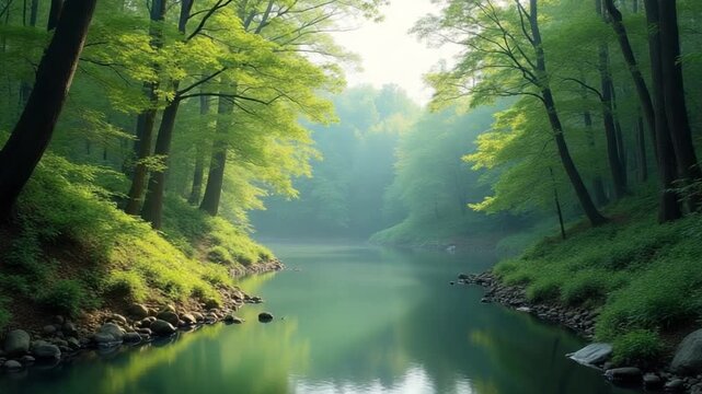 Tranquil forest landscape with lush greenery and reflective water surface