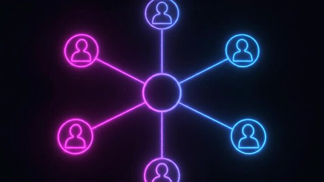 Glowing neon network diagram showing a central hub connecting people icons on a dark background.