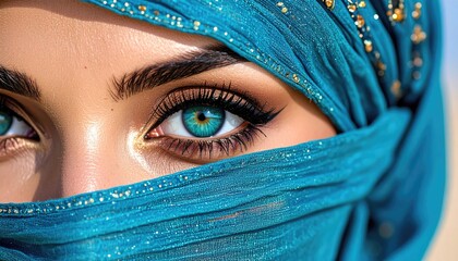 Close-up of a woman's face, focusing on striking turquoise eyes peeking from behind a blue, textured veil. Delicate details and warm lighting