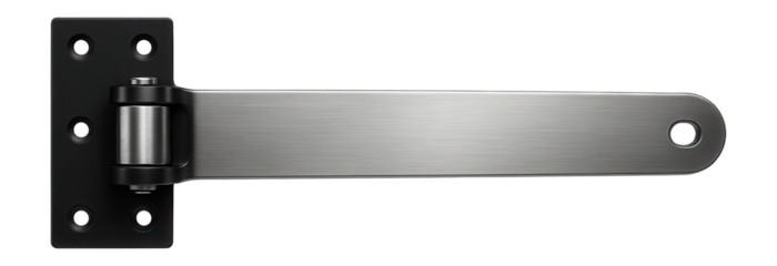 Heavy-duty steel strap hinge with a long arm for securing barn doors.