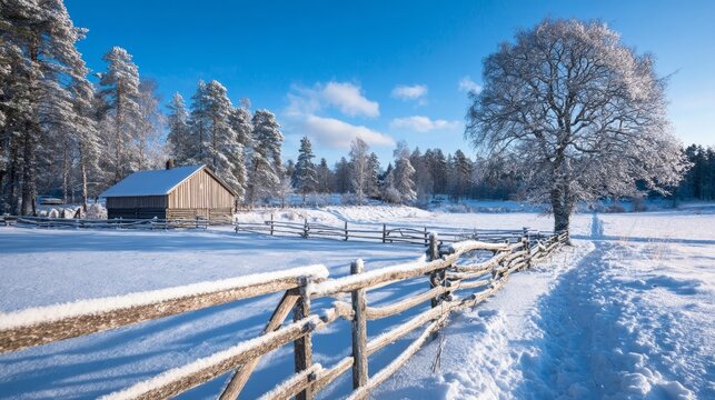 Cozy cabin in a winter landscape surrounded by snow-covered fields and majestic frosty trees