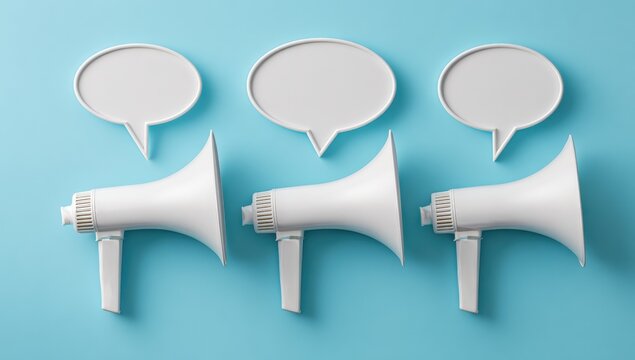 Three white megaphones and speech bubbles on a light teal background