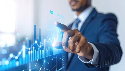 Man in suit points at futuristic data display with rising bar graph and interconnected lines against a blurred background