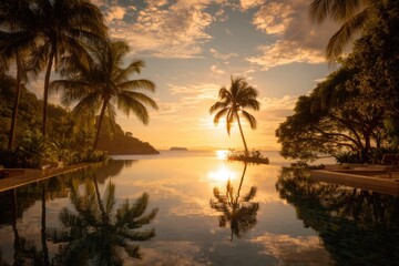 Obraz premium Luxury infinity pool reflecting the golden sky, palm trees framing the view, serene tropical vibe.