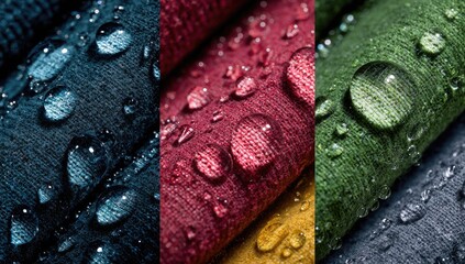 Close-up of water droplets on folded fabric samples in four colors