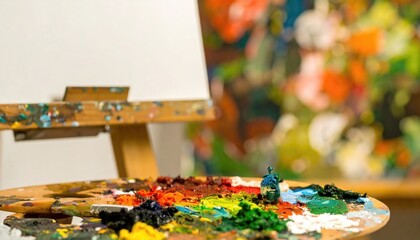 Artistic studio setup with a paint-covered palette in the foreground, easel with blank canvas, and a colorful blurred abstract painting in background