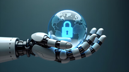 Robotic hand holding glass globe with padlock, protecting global security