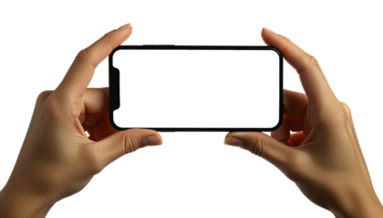 Close-up Hands Holding Smartphone for Selfie, Photorealistic, Professional Product Photography, Transparent Background, 4K