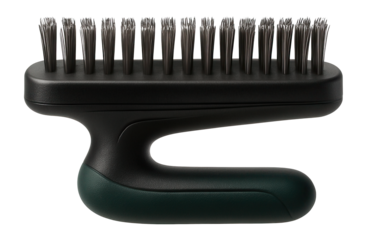 Compact wire brush with stiff metal bristles for scrubbing rust off garden tools.