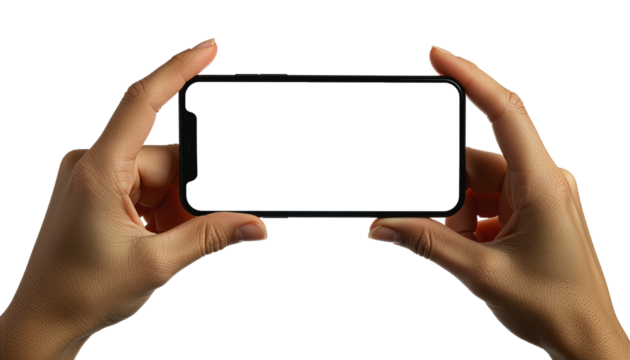 Close-up Hands Holding Smartphone for Selfie, Photorealistic, Professional Product Photography, Transparent Background, 4K