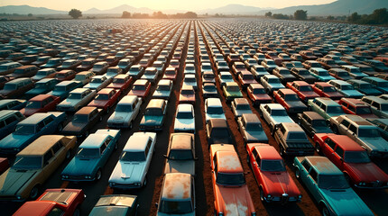 Rows of vintage cars filling a vast junkyard at sunset