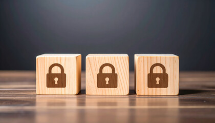 Secure Blocks: A row of wooden blocks showcases a pattern of a lock, a visual metaphor for data security. These blocks represent protection and the importance of safe data.