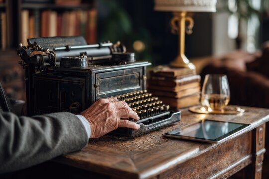 Man using a vintage typewriter next to a modern tablet, cozy home interior.