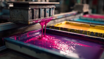 Colorful inks flowing from a machine into trays