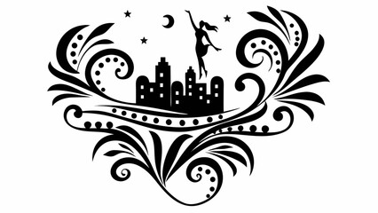 Fototapeta premium Silhouette of woman jumping over cityscape with moon and stars surrounded by floral ornaments art