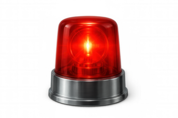 Rotating warning beacon emitting red signal light against transparent backdrop
