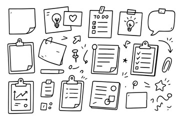 Hand-drawn doodle vector set, black outline only, clean sketch style, transparent background, sticky notes and clipboards theme, Editable Formats: AI, EPS, JPG, PNG, 