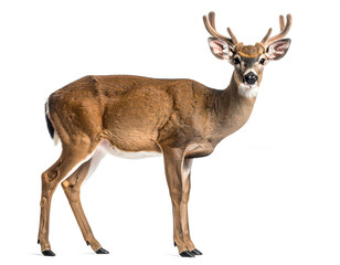 Young buck standing alert with small antlers isolated on white
