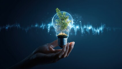 A hand holds a glowing lightbulb with a small plant inside, a stylized wave effect behind it