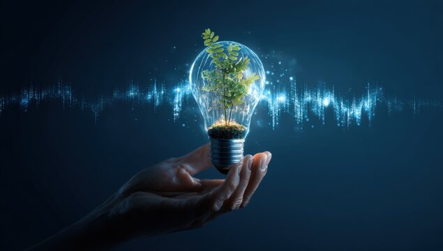 A hand holds a glowing lightbulb with a small plant inside, a stylized wave effect behind it