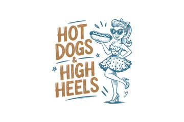 Obraz premium A Fun Retro Illustration Featuring a Stylish Woman in High Heels Holding a Hot Dog, Capturing the Spirit of Summer and Playful Lifestyle