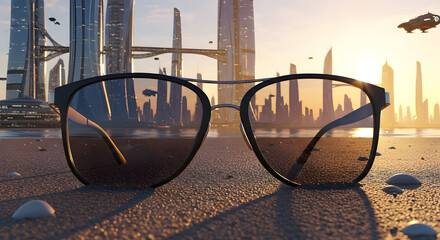 Futuristic Cityscape Reflected in Sunglasses on Beach
