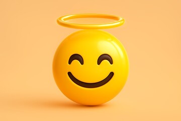 Yellow emoji smiley glowing halo floating innocent angel character cartoon emoticon representation of spiritual purity happy joy funny cute 3d icon isolated bright