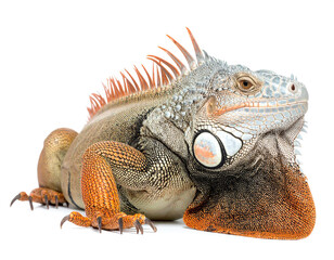 Obraz premium Green iguana posing majestically with spiky crest against white backdrop