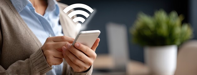 Person using smartphone to connect to Wi-Fi while in a modern office setting during the daytime with indoor plants in the background