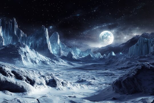A breathtaking view of a frozen alien landscape under a starry night sky, showcasing jagged ice peaks and a luminous moon.