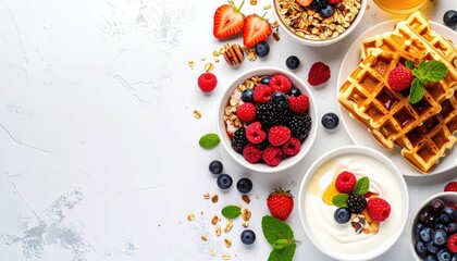 An overhead shot of a breakfast spread waffles, granola, berries, yogurt and honey, presented on a white marbled surface, viewed from above