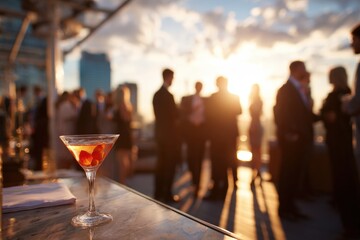Rooftop party at sunset. People mingling, enjoying drinks