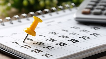 Planning and scheduling with a yellow pin on a calendar with a calculator in a bright setting