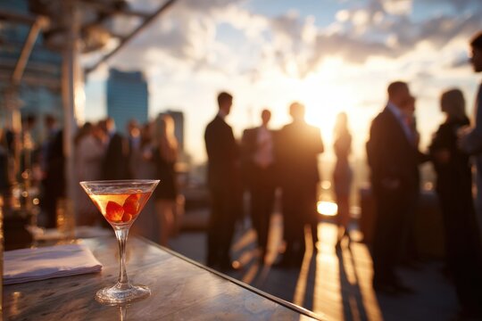 Rooftop party at sunset. People mingling, enjoying drinks