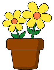 Cartoon Yellow Flowers in Brown Flower Pot