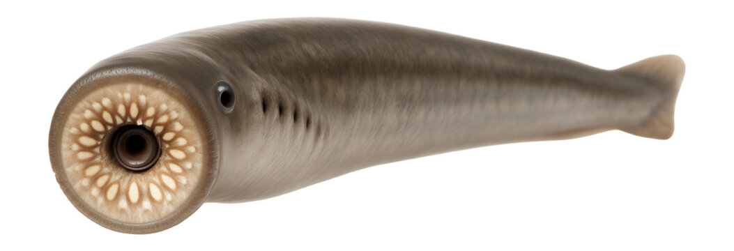 Lamprey with eel-like body and circular, suction-cup mouth adorned with teeth