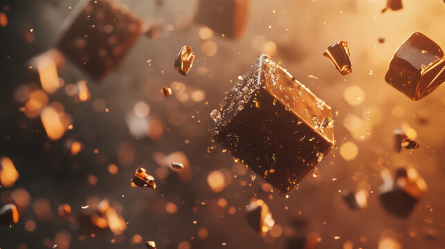 Melting chocolate fragments floating in soft lighting create indulgent dessert concept with rich brown tones and warm, inviting mood in this close up detail image