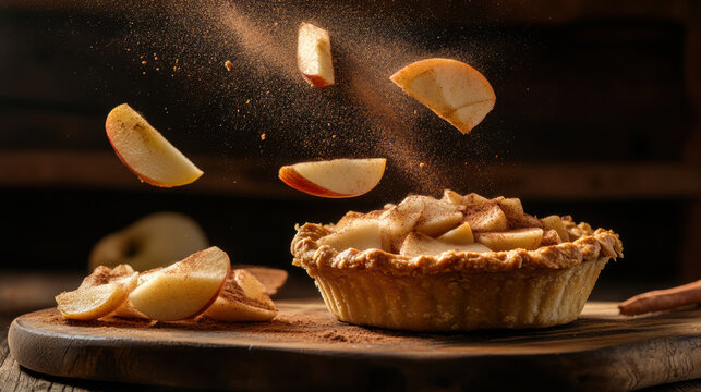 Apple wedges floating with cinnamon dust above apple pie on wooden board in warm homestyle tone