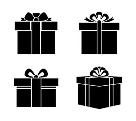 Minimalist gift box icon set. Black and white silhouette of present boxes with elegant ribbons and bows. Perfect for celebration, birthday, wedding, Christmas, holiday, or event design projects.