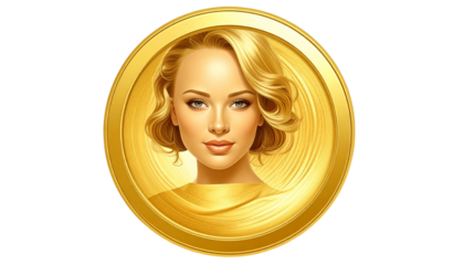 Golden glamour girl with sleek blonde hair and dramatic makeup, on golden metallic coin